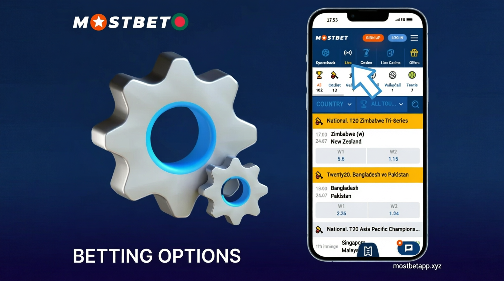 Sports betting options and markets layout on Mostbet app